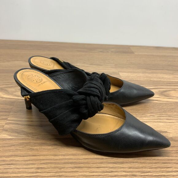 Tory Burch Eleanor Pointed Mule Perfect Black Leather Suede Bow Size 8.5 M